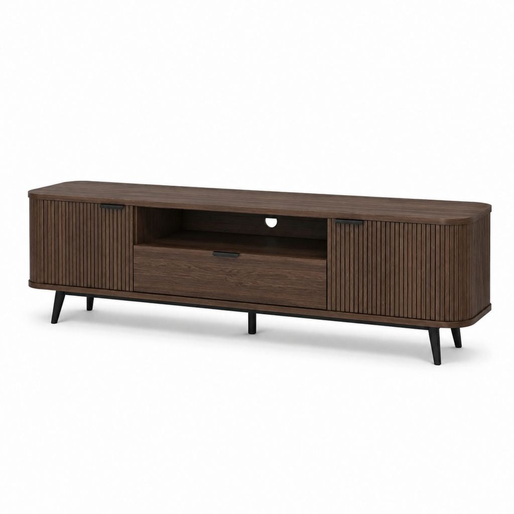 Meuble TV bas marron foncé en MDF finition noyer 180 x 40 x 55 cm avec 2 portes et tiroir