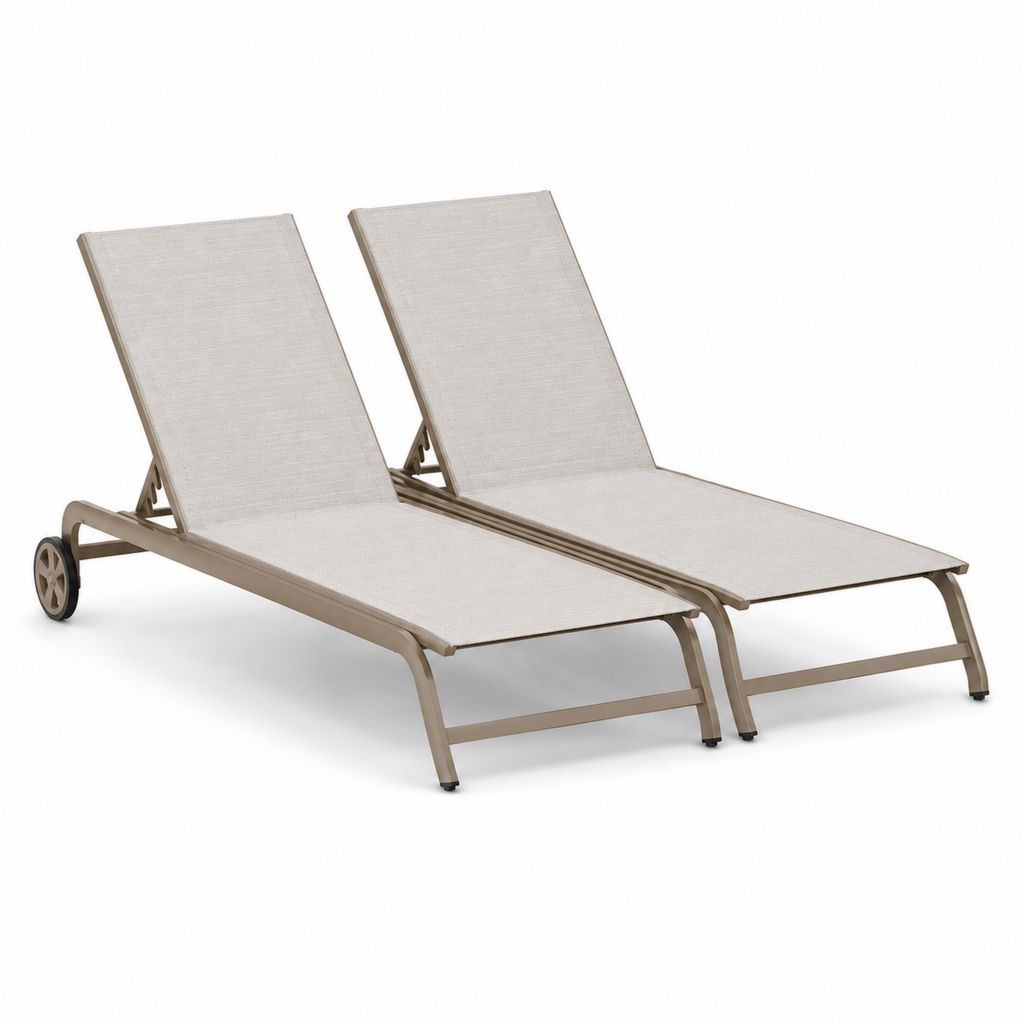 Lot de 2 bains de soleil réglables à roulettes taupe en aluminium et textilène 200 x 65 x 35 cm