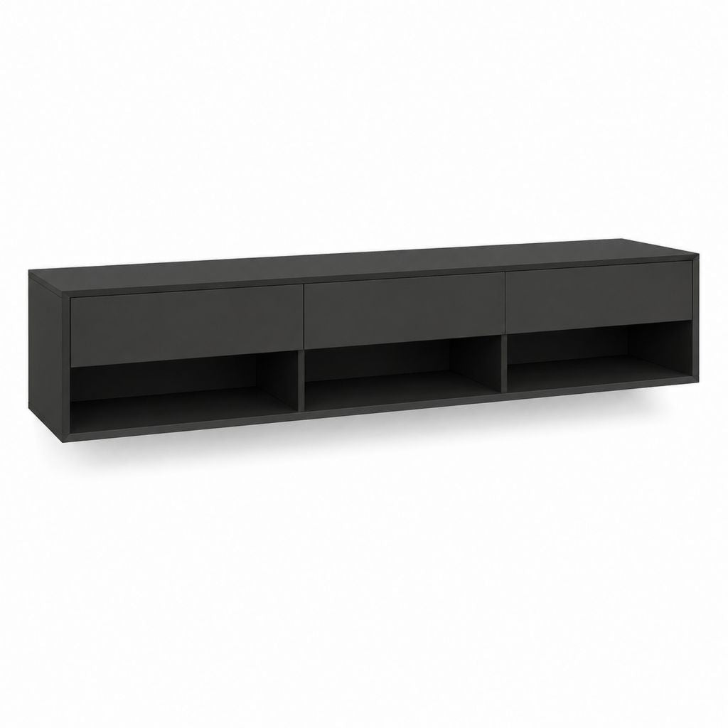 Meuble TV noir en panneaux de particules mélaminés 180 x 40 x 45 cm avec 3 tiroirs et 3 niches