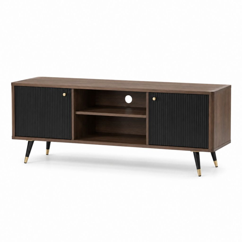 Meuble TV 160 cm noyer et noir en panneaux de particules avec 2 portes et rangement