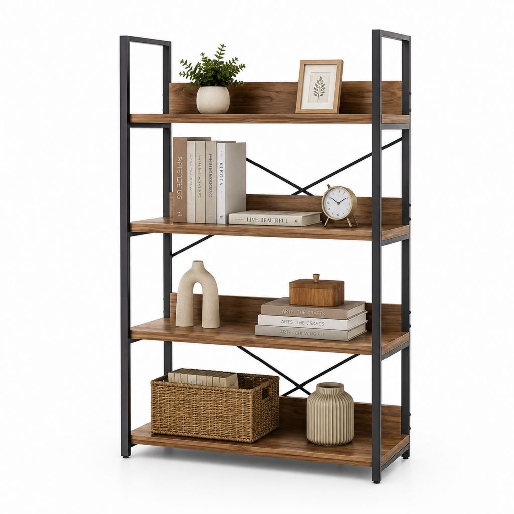 Bibliothèque étagère 4 niveaux marron noyer et noir en panneaux MDF et acier 80 x 30 x 160 cm