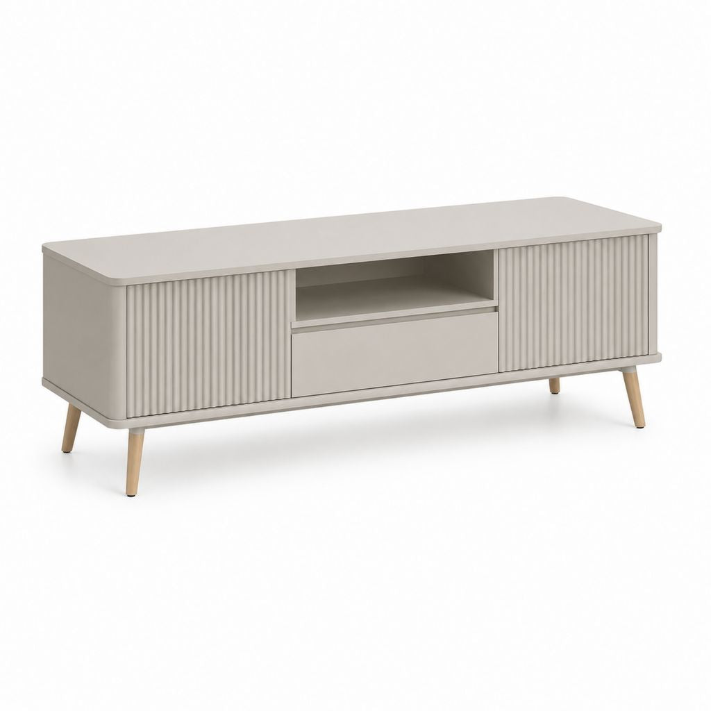 Meuble TV bas beige en panneaux MDF avec portes coulissantes rainurées 160 x 40 x 55 cm