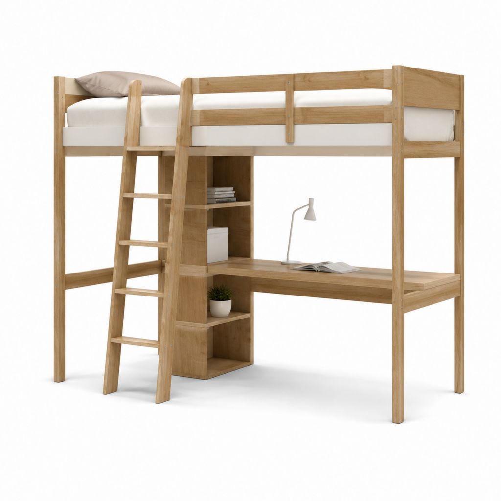 Lit mezzanine 1 place avec bureau et étagères en bois massif naturel 90 x 190 cm