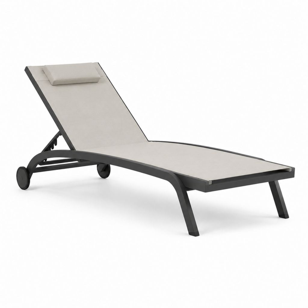 Bain de soleil inclinable à roulettes gris en aluminium et textilène 200 x 65 x 35 cm