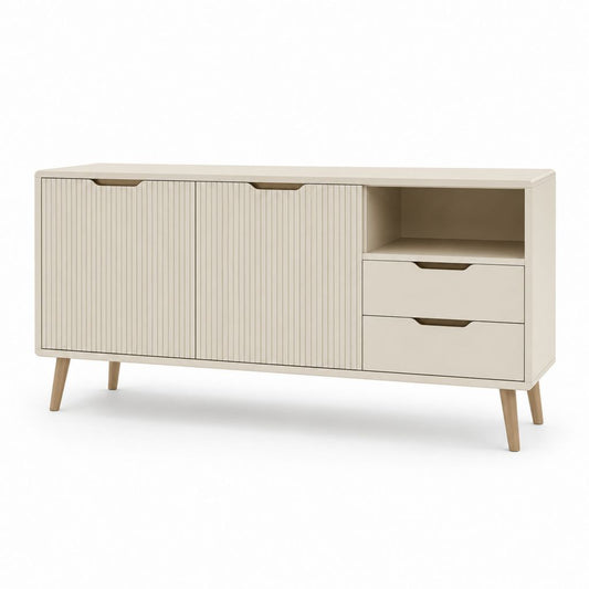 Meuble TV 160 x 40 x 75 cm beige en MDF avec 2 portes 2 tiroirs et niche ouverte