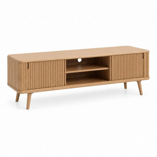 Meuble TV bas en chêne clair avec portes coulissantes rainurées 160 x 40 x 55 cm