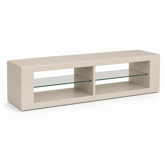 Meuble TV bas beige en MDF laqué avec étagères en verre trempé 120 x 40 x 40 cm