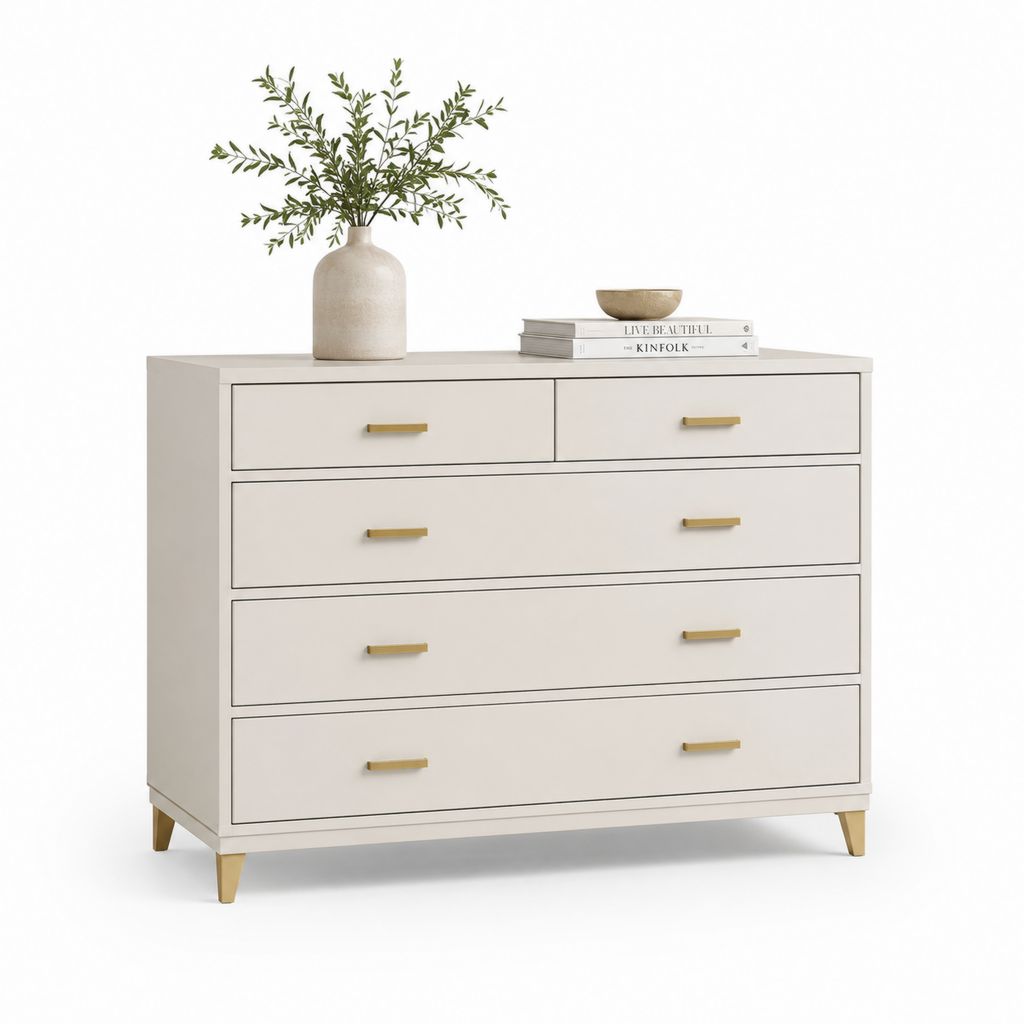 Commode basse blanche en panneaux MDF rectangulaire à 5 tiroirs 140 x 45 x 90 cm