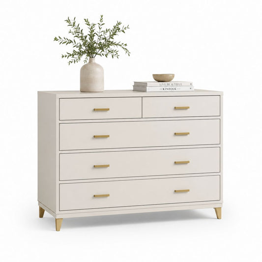 Commode basse blanche en panneaux MDF rectangulaire à 5 tiroirs 140 x 45 x 90 cm