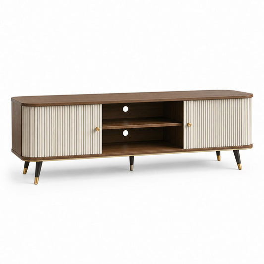 Meuble TV rectangulaire noyer et ivoire en MDF 180 x 40 x 55 cm avec portes coulissantes et passe-câbles