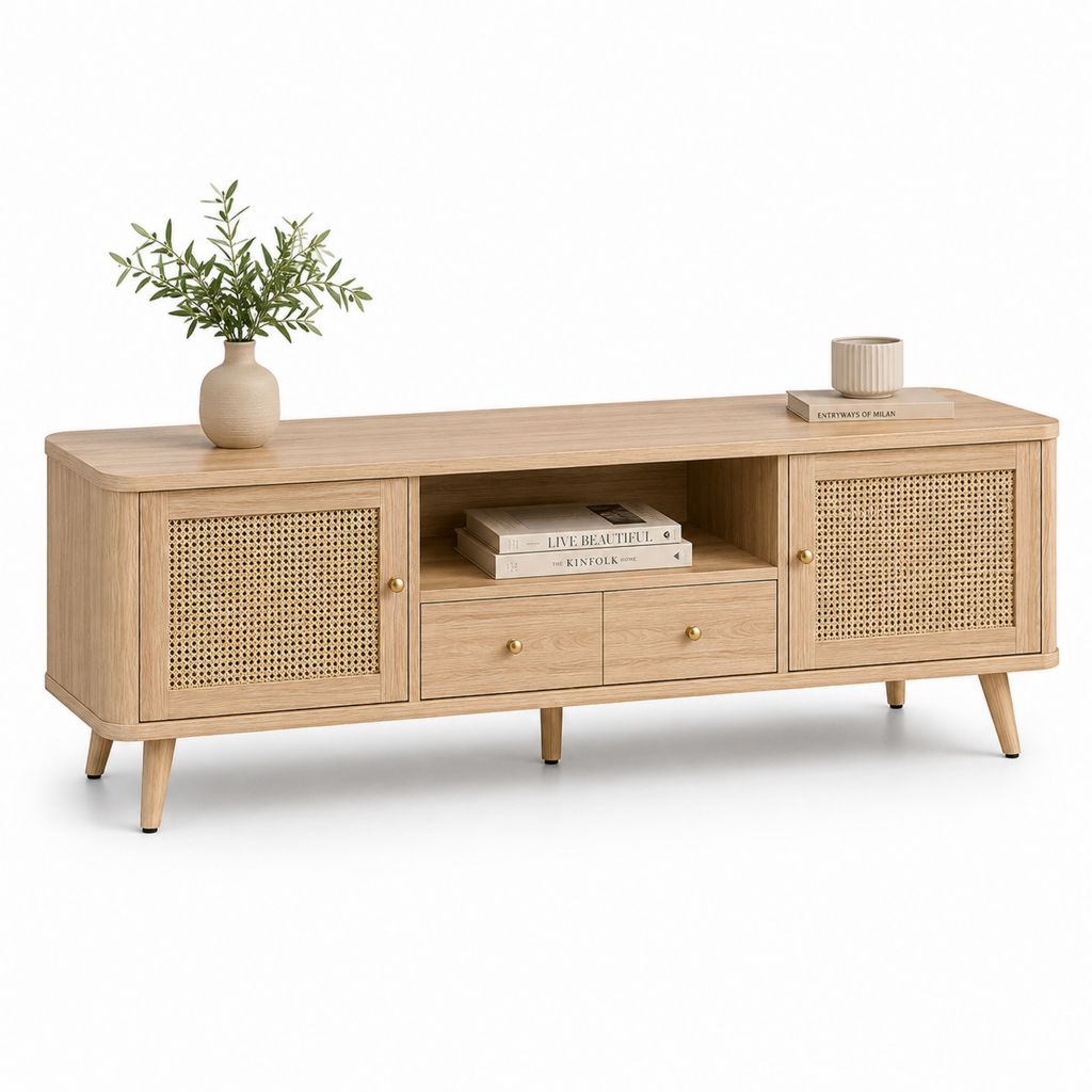 Meuble TV 180 cm en MDF plaqué chêne avec portes en cannage de rotin naturel
