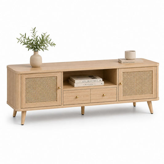 Meuble TV 180 cm en MDF plaqué chêne avec portes en cannage de rotin naturel