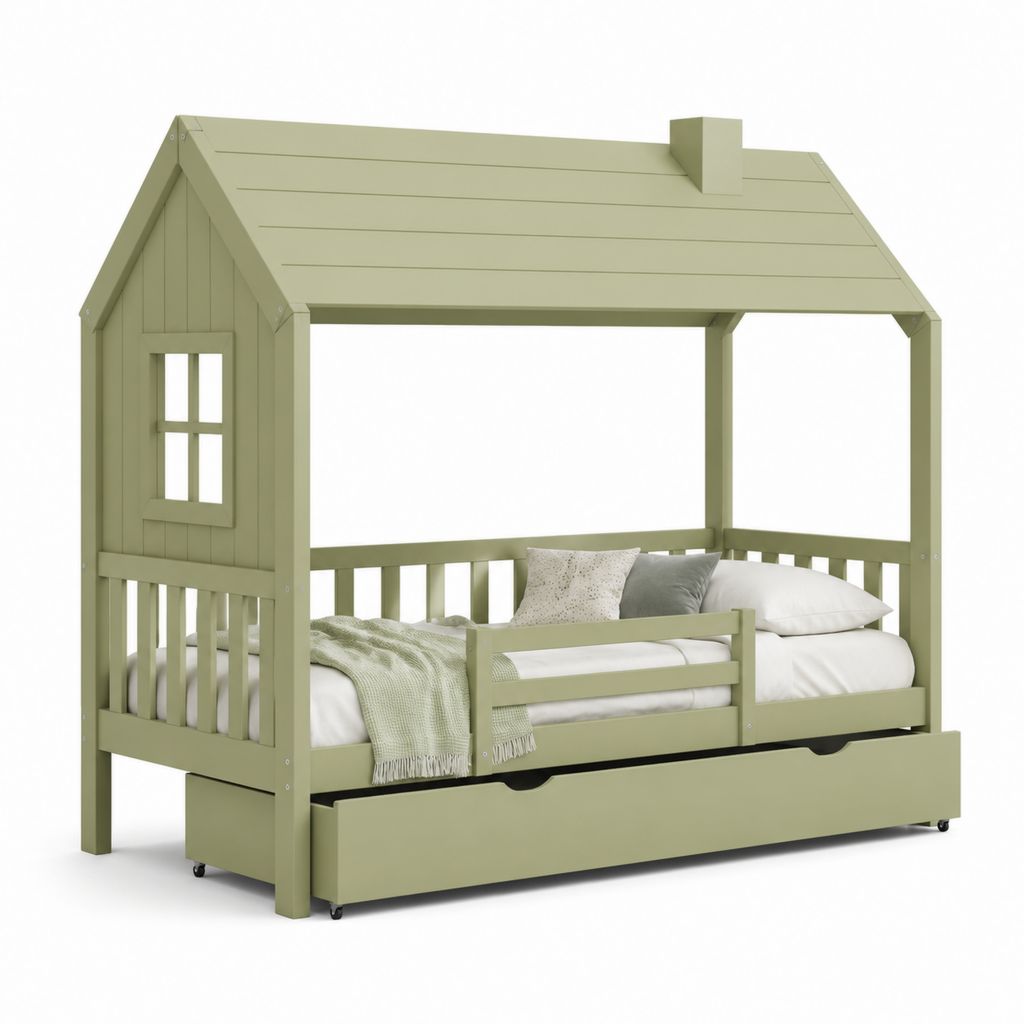 Lit cabane enfant vert sauge en pin massif 90 x 200 cm avec barrière et tiroir sur roulettes