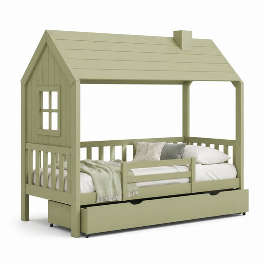 Lit cabane enfant vert sauge en pin massif 90 x 200 cm avec barrière et tiroir sur roulettes