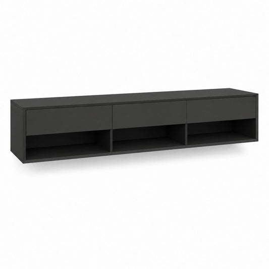 Meuble TV noir en panneaux de particules mélaminés 180 x 40 x 45 cm avec 3 tiroirs et 3 niches
