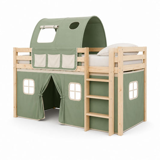 Lit mezzanine enfant 90 x 200 cm en pin massif naturel avec tente en coton vert