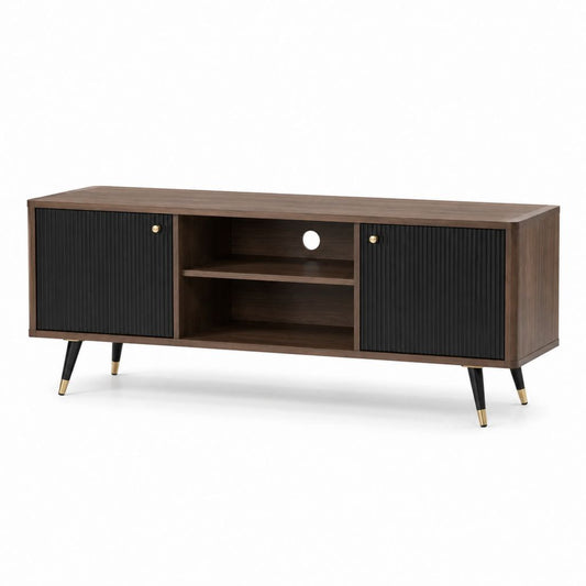 Meuble TV 160 cm noyer et noir en panneaux de particules avec 2 portes et rangement