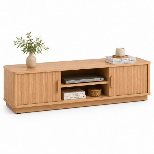 Meuble TV bas rectangulaire en MDF décor chêne naturel avec 2 portes coulissantes 180 x 40 x 55 cm