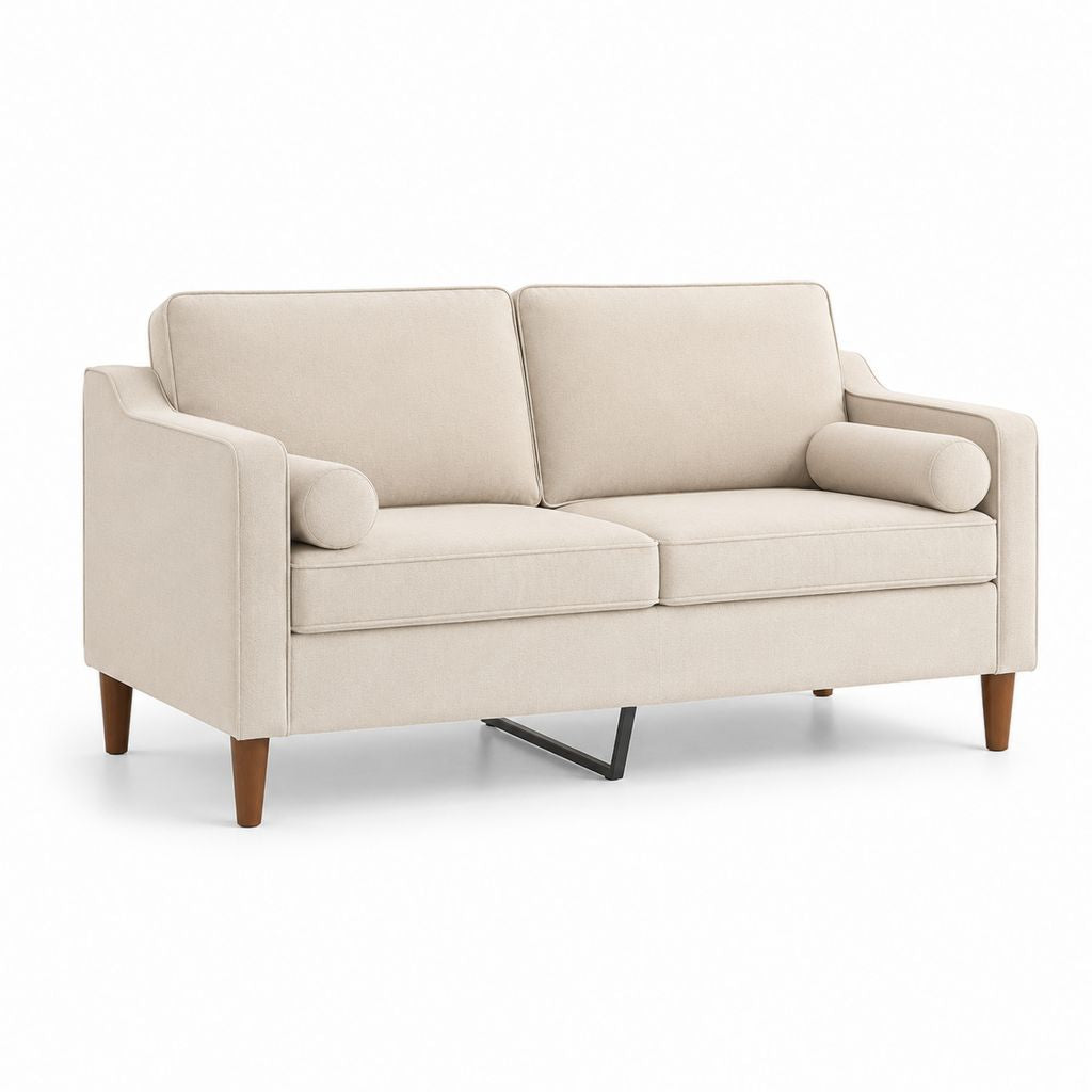 Canapé droit 2 places beige en polyester avec pieds en bois massif 160 x 85 x 85 cm