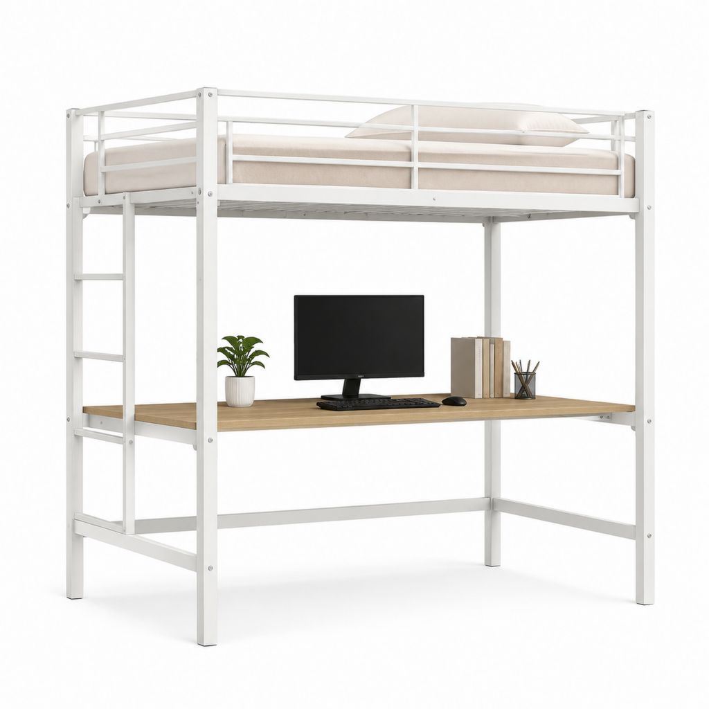 Lit mezzanine avec bureau blanc en acier et panneau mélaminé rectangulaire 90 x 190 cm 198 x 96 x 180 cm