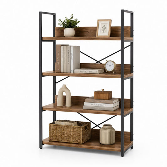 Bibliothèque étagère 4 niveaux marron noyer et noir en panneaux MDF et acier 80 x 30 x 160 cm