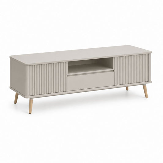 Meuble TV bas beige en panneaux MDF avec portes coulissantes rainurées 160 x 40 x 55 cm