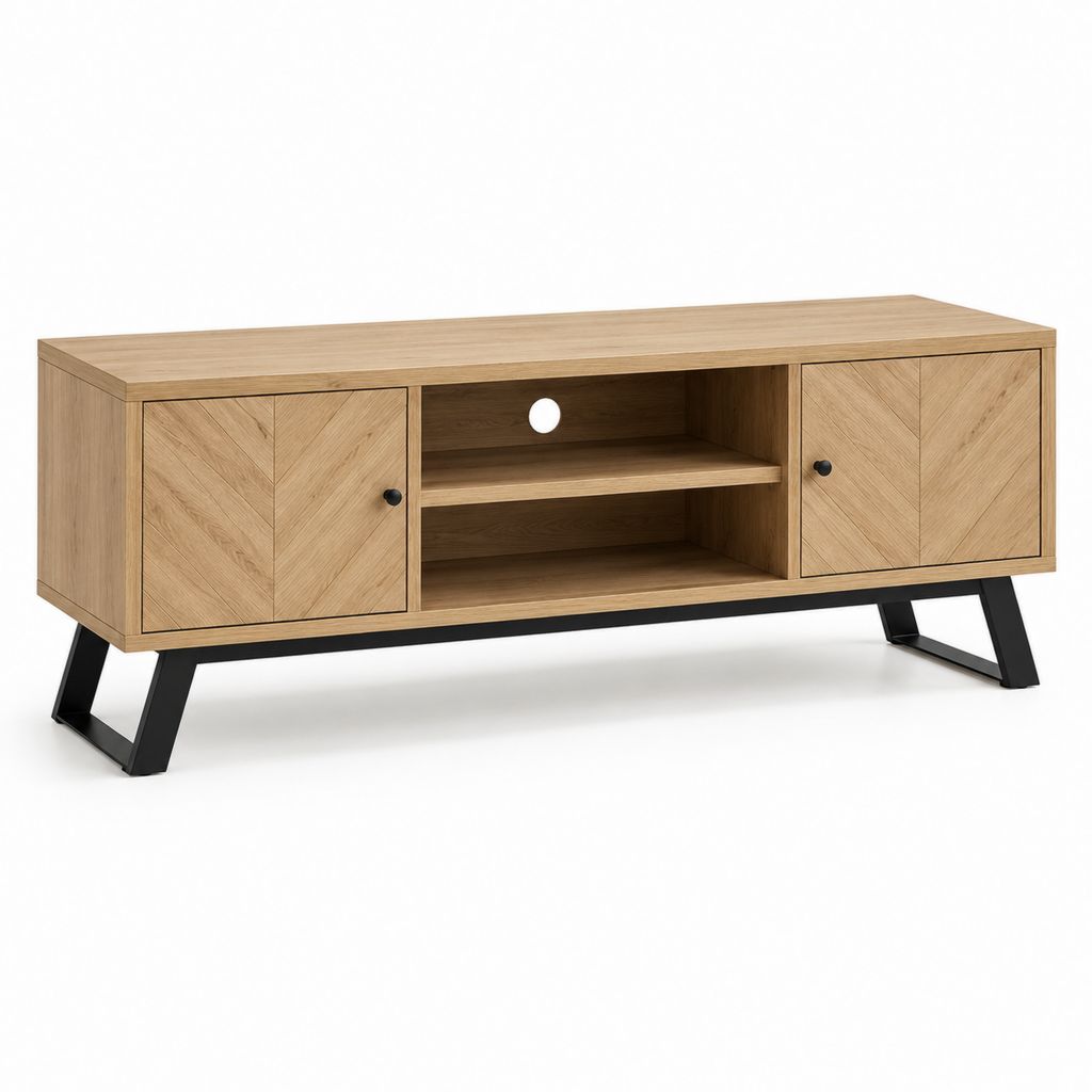 Meuble TV rectangulaire chêne clair en panneaux MDF 2 portes 140 x 40 x 60 cm