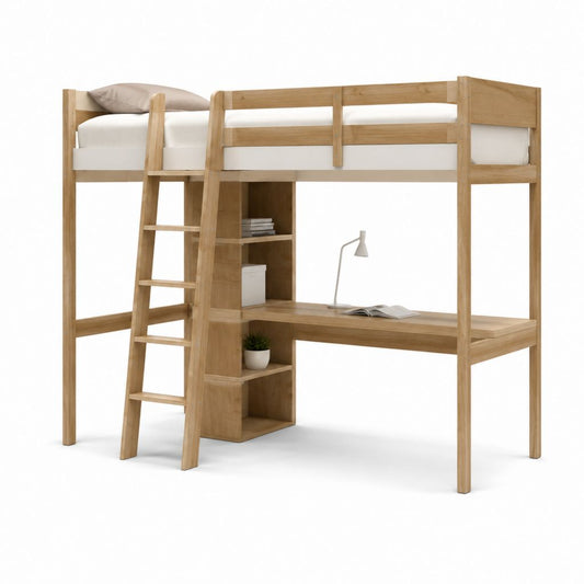 Lit mezzanine 1 place avec bureau et étagères en bois massif naturel 90 x 190 cm
