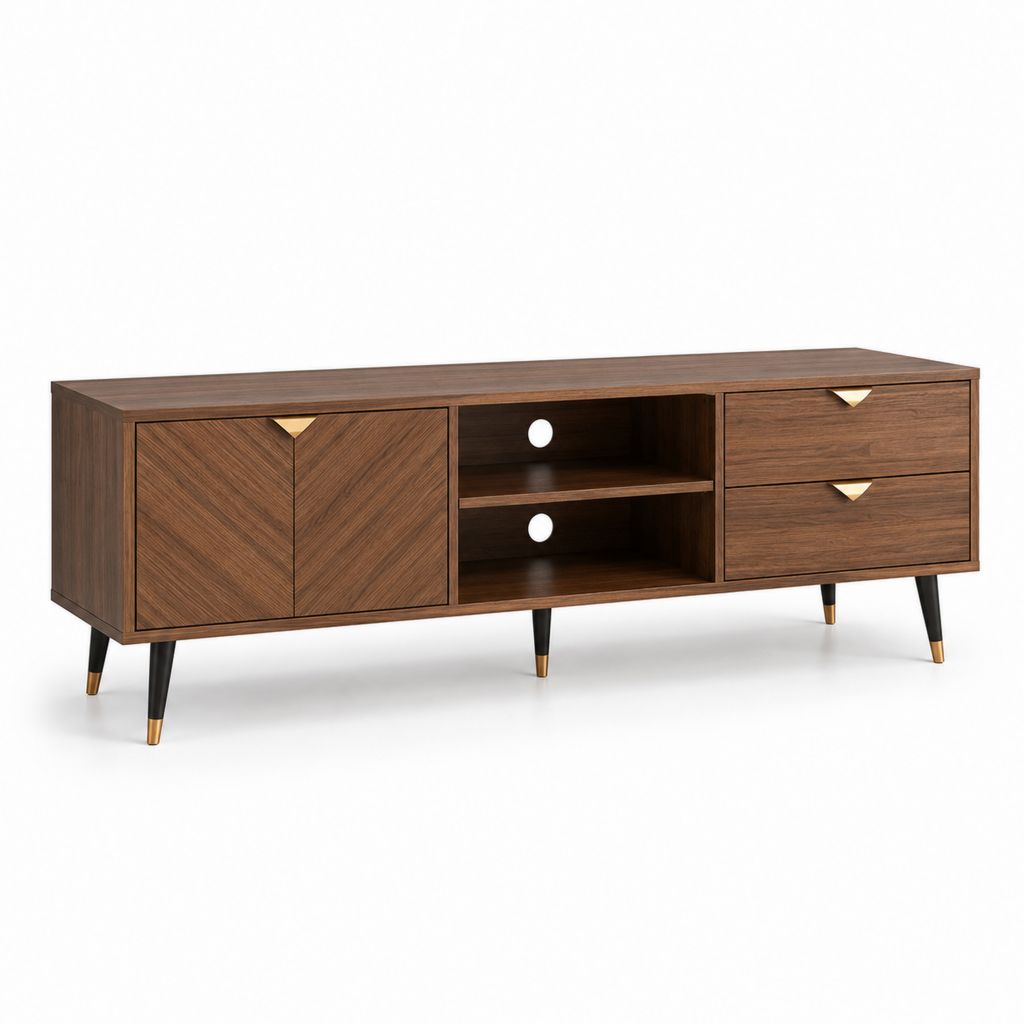 Meuble TV 160 cm noyer en panneaux MDF plaqués avec 2 portes 2 tiroirs et niches ouvertes
