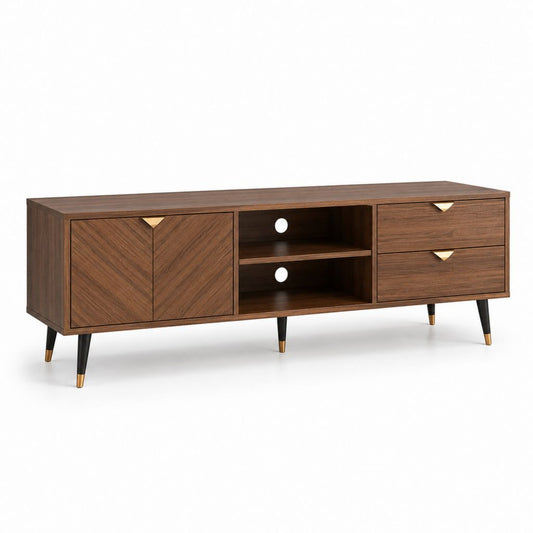 Meuble TV 160 cm noyer en panneaux MDF plaqués avec 2 portes 2 tiroirs et niches ouvertes