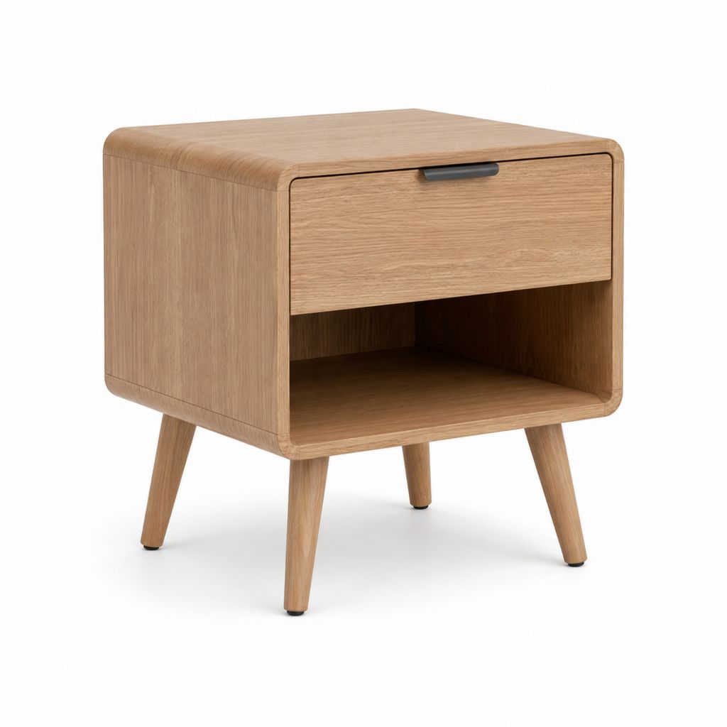 Table d’appoint avec tiroir et niche en MDF plaqué chêne naturel rectangulaire 45 x 40 x 55 cm