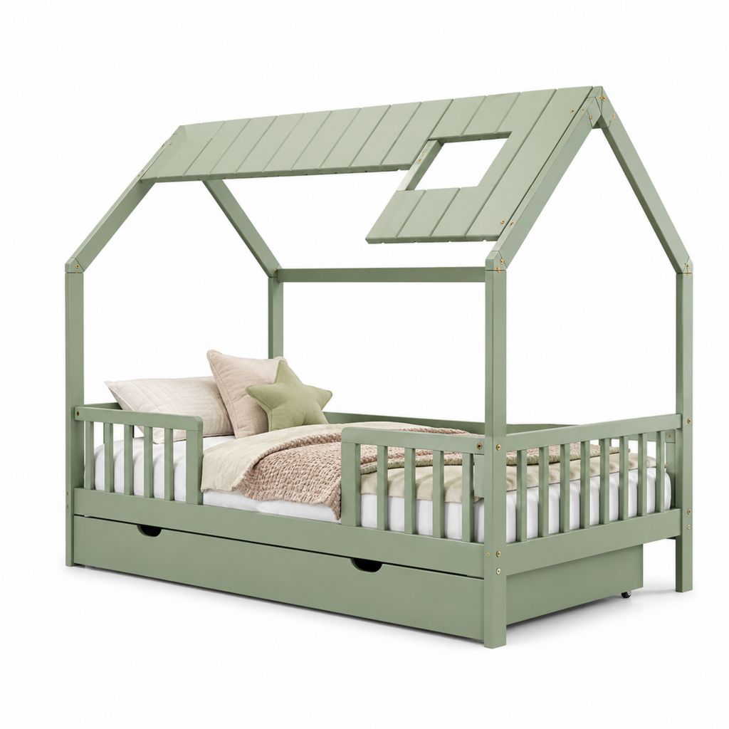 Lit cabane enfant avec tiroir vert en pin massif 90 x 190 cm