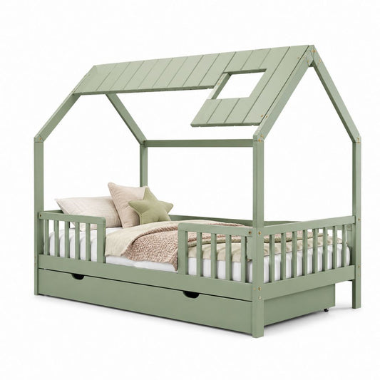 Lit cabane enfant avec tiroir vert en pin massif 90 x 190 cm