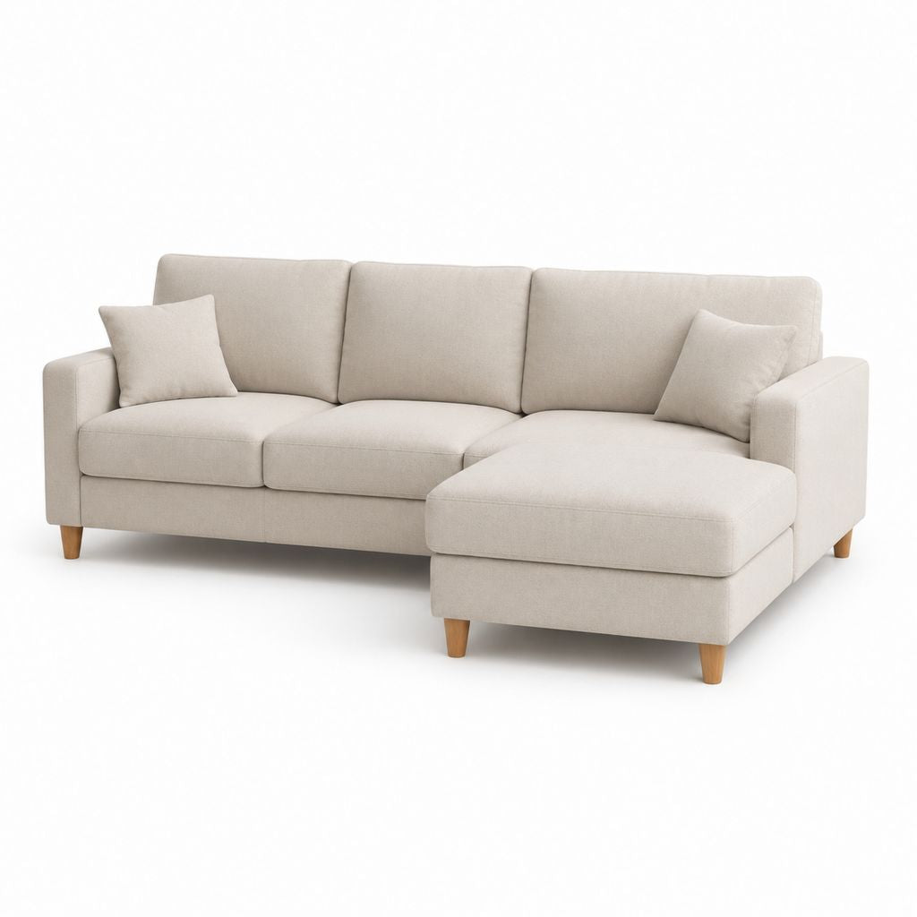 Canapé d’angle 3 places beige en polyester avec méridienne droite et 2 coussins 240 x 150 x 85 cm