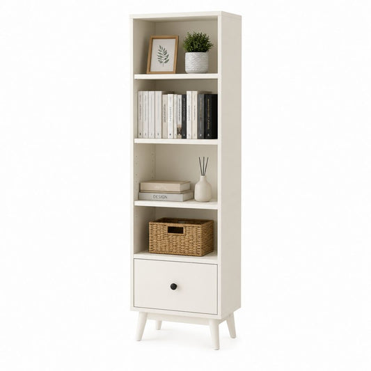 Bibliothèque haute blanche en panneaux de particules mélaminés avec 4 niches et tiroir 180 x 60 x 30 cm