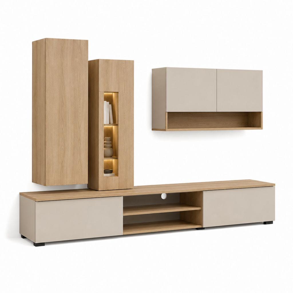 Ensemble meuble TV mural beige et chêne clair en panneaux mélaminés 260 x 40 x 190 cm