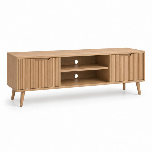 Meuble TV bas chêne naturel en panneaux MDF 160 x 40 x 55 cm avec 2 portes et passe-câbles